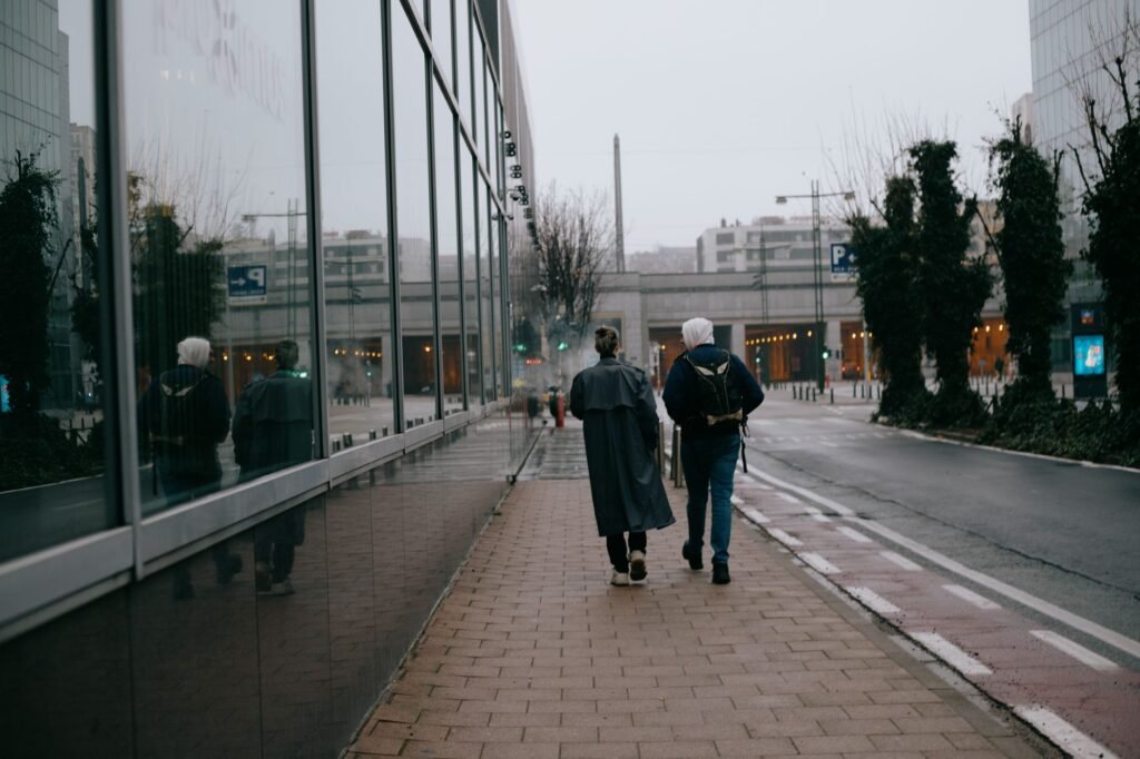 Adult walking through a calm public space in Milton Keynes