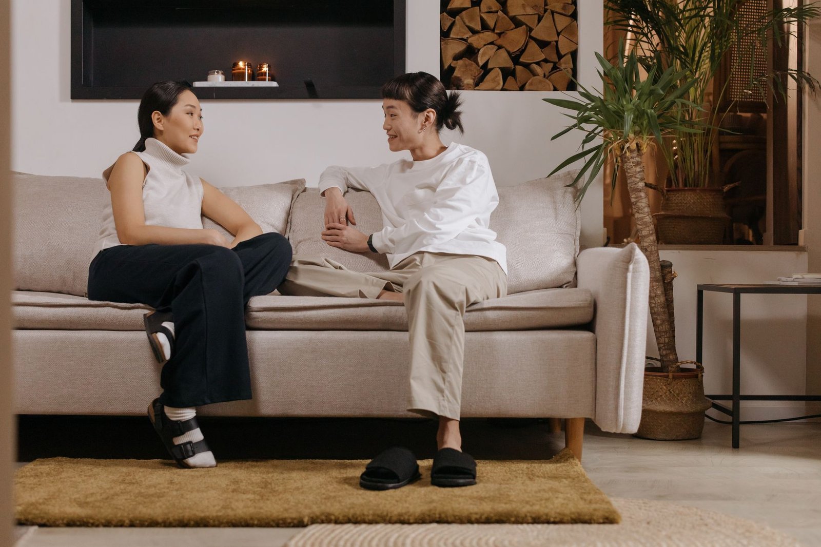 Adults having a respectful conversation in a modern lounge