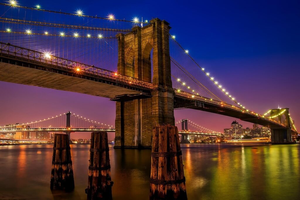 brooklyn bridge, river, nature, illuminated, city lights, bridge, architecture, city, landmark, new york city, urban, hudson,