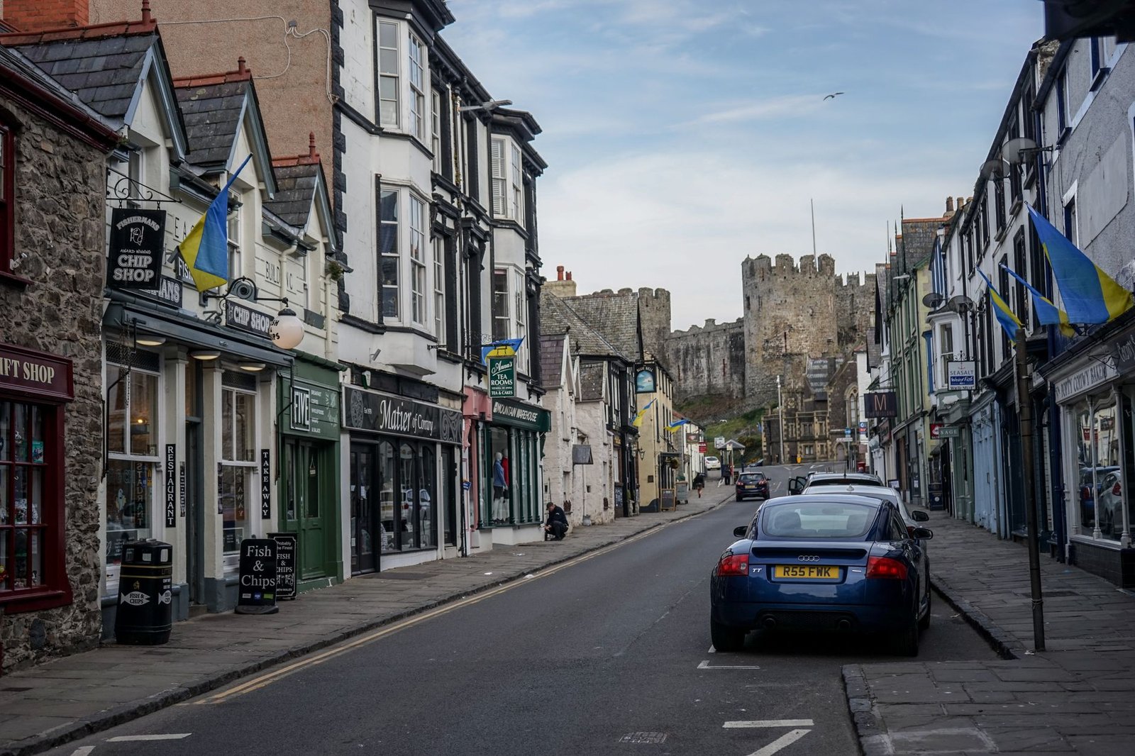 Tasteful evening streetscape in Aberystwyth, Wales