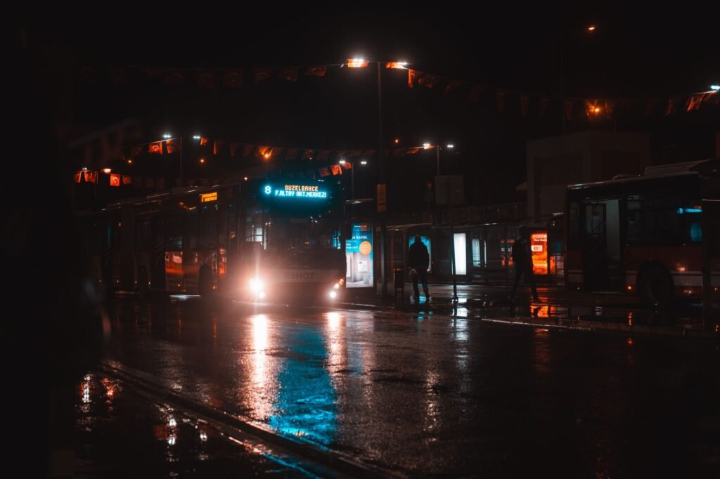 A well-lit Stockport street after dusk