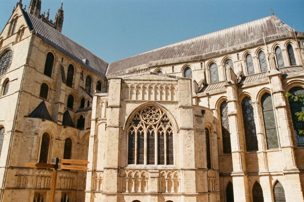 A stunning view of the elaborate architecture of a historic cathedral in England.