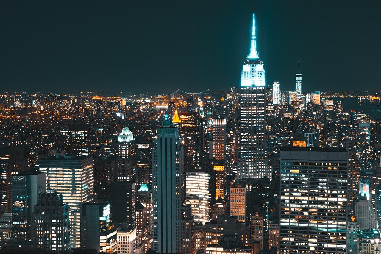 america, architecture, buildings, city, cityscape, evening, illuminated, lights, manhattan, midtown, new york, night sky, new