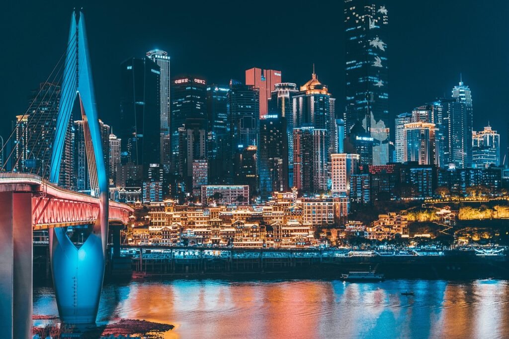 city, bridge, night, river, lights, city lights, skyscrapers, buildings, skyline, downtown, urban, evening, night view, hongy