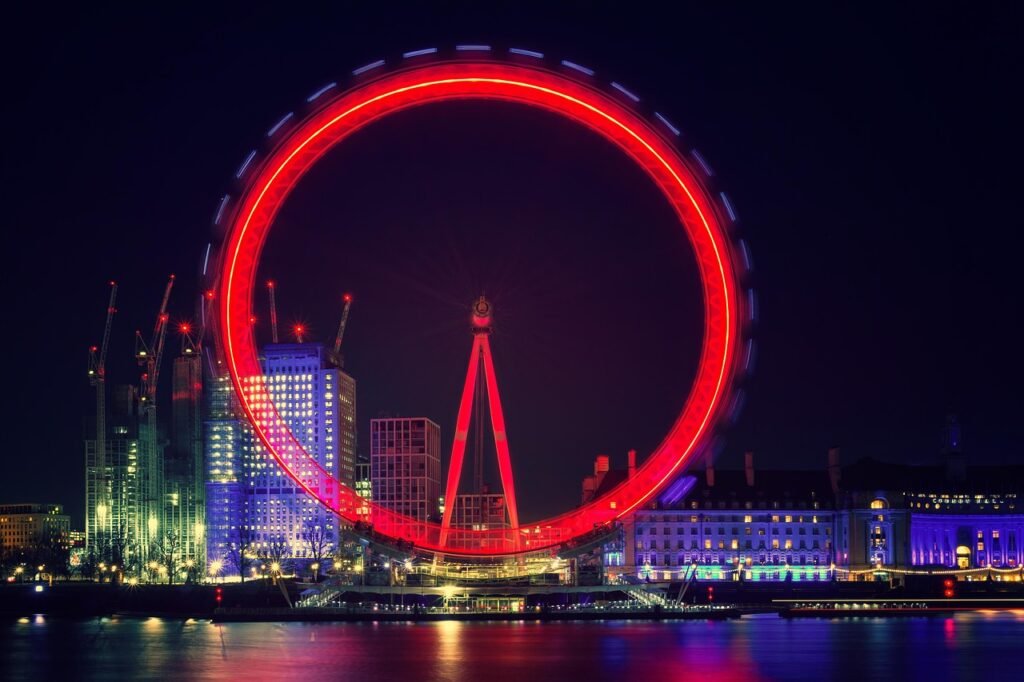 london eye, london, night, light, long time exposure, ferris wheel, england, landmark, united kingdom, tourism, architecture,