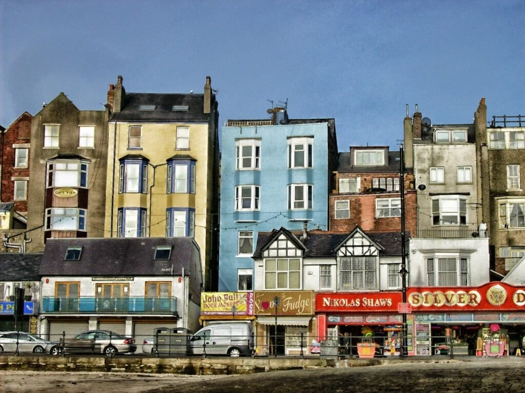 scarborough, england, united kingdom, city, buildings, skyline, architecture, sky, clouds, urban, outside, nature, hdr