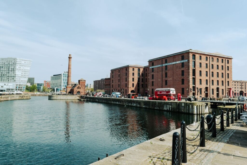 View of the historic Royal Albert Dock in Liverpool, England, highlighting urban waterfront scenery.