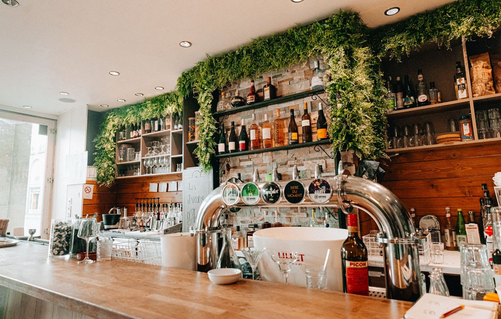 Stylish bar interior with greenery and bottle display, perfect for cozy social gatherings.