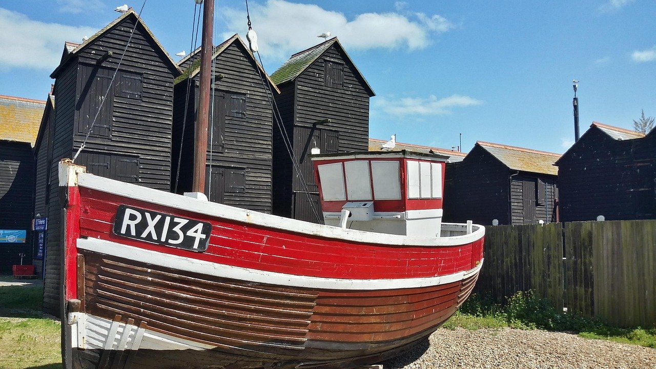 hastings, east sussex, seaside resort, fishing village, england, united kingdom, fishing, net shops, boat, hang fishing nets,