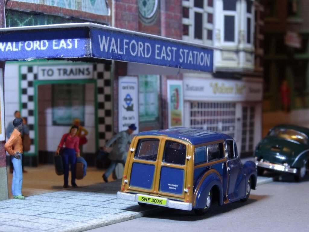 london, underground, subway, walford east station, morris, minor, tube, station, model car, model train, diorama, public tran