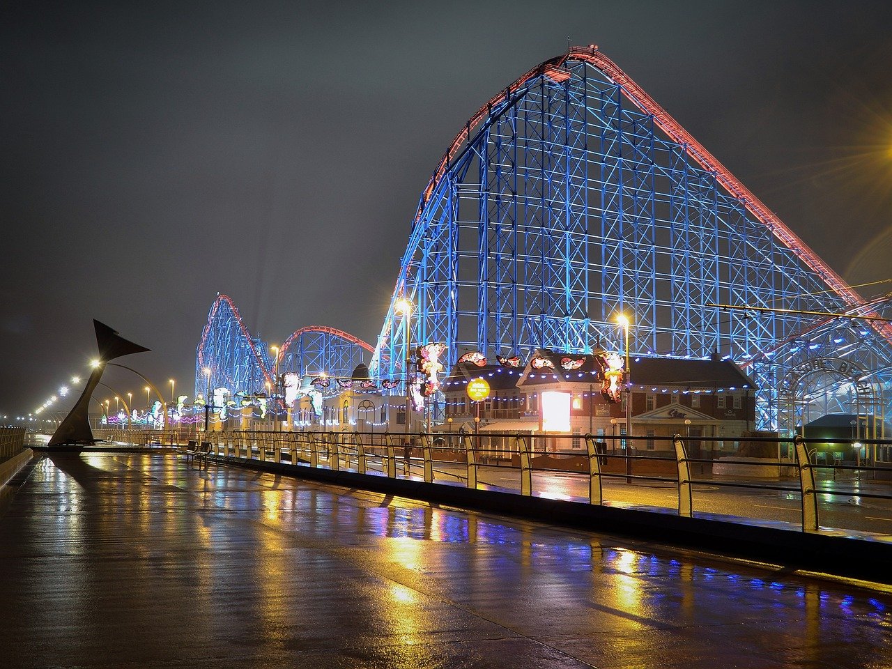 roller coaster, blackpool, england, fairground, ride, pleasure, park, adventure, night time, night, landscape, lights, dark,