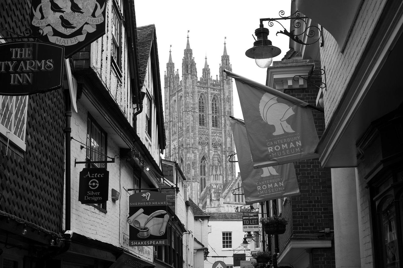 Historic Canterbury street near the cathedral at golden hour