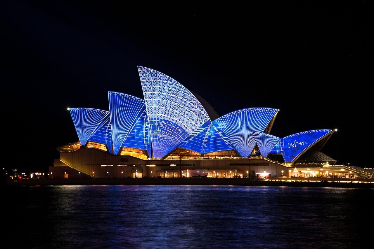 sydney opera house, building, architecture, illuminated, famous, tourist attraction, landmark, lightings, light show, night,