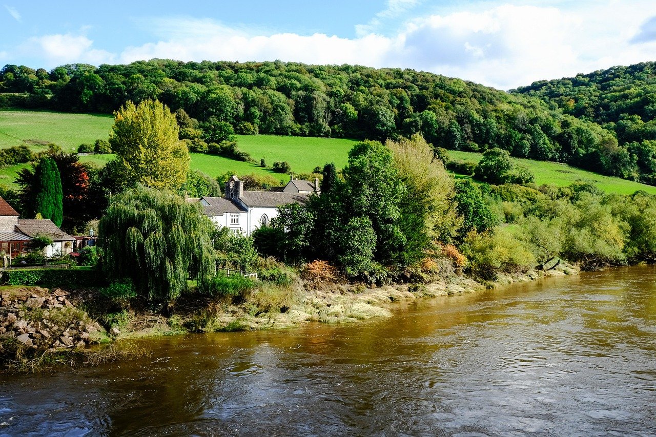 countryside, nature, river, wales, united kingdom, sky, clouds, landscape, fields