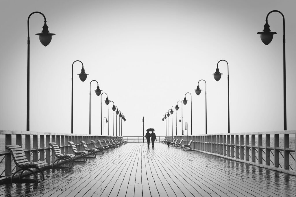couple, boardwalk, silhouettes, walk, walking, pier, umbrella, rain, raining, together, walking together, jetty, man, nature,