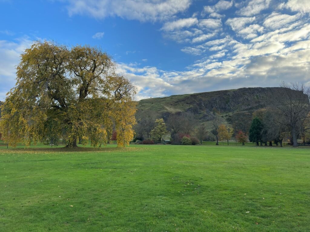 Scenic autumn view of Holyrood Park with Arthur's Seat in Edinburgh, Scotland.