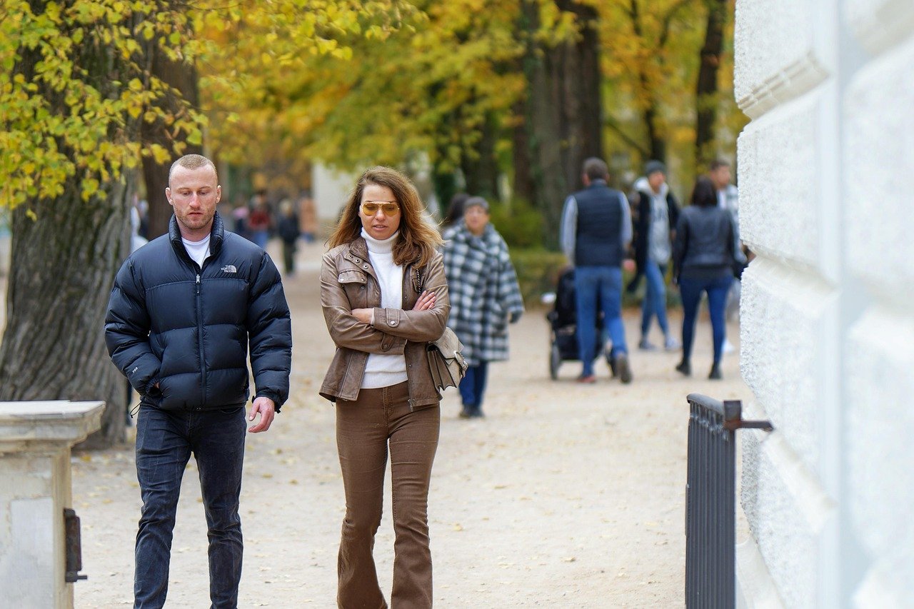 people, couple, walking, together, park, fall, autumn, outdoors