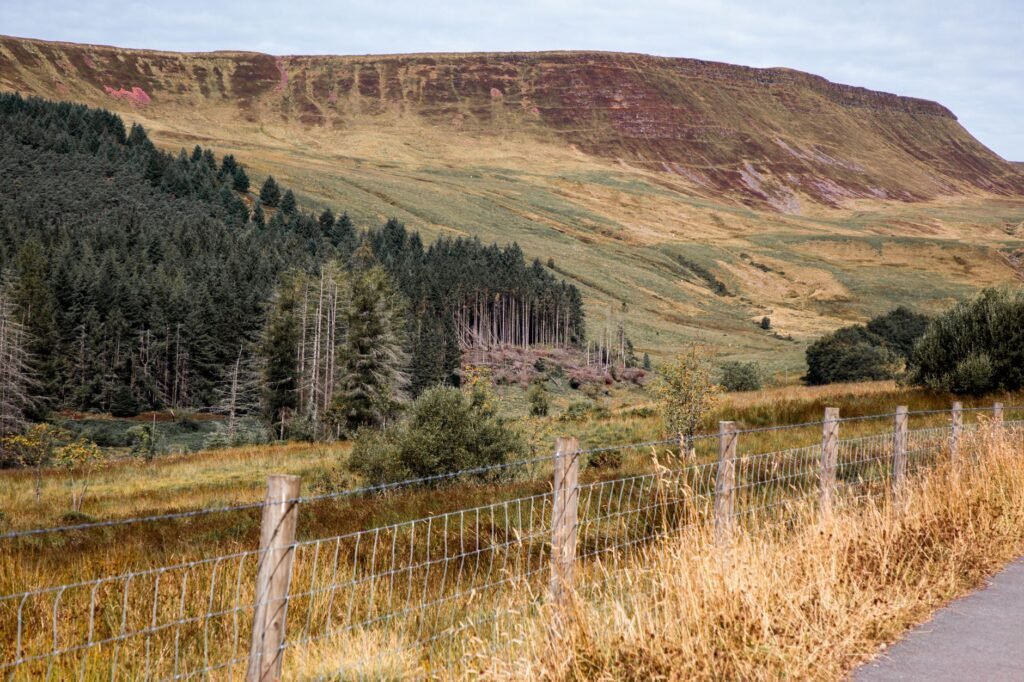 Idyllic landscape of Brecon Beacons with lush greenery and rolling hills in Wales.