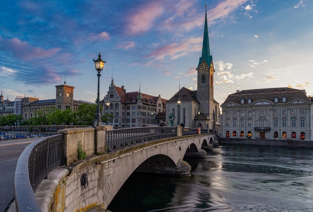 bridge, city, river, zurich, switzerland, architecture, building, historic center, houses, sky, nature, church, travel, fraum