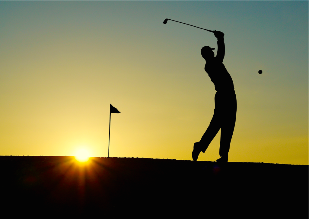 golf, golfed, sunset, sports, golfer, golf clubs, nature, single hole flag, outdoor, man, human, fitness, active, elegant