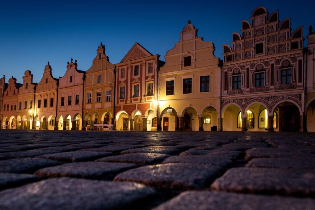 square, old, night, city, architecture, night sky, czechia, telč, lights, houses, urban, buildings, historical, center, sky,