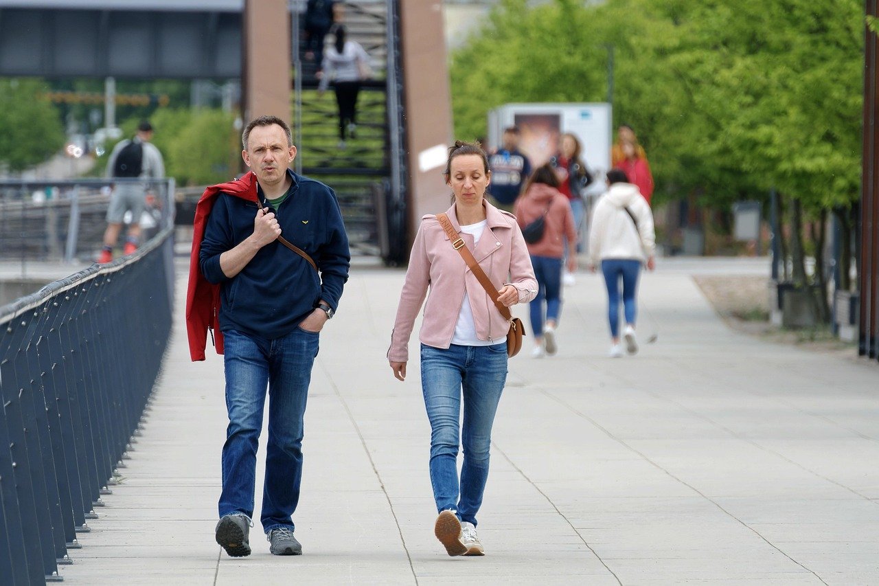 couple, walking, promenade, alley, pedestrian, city life, everyday life