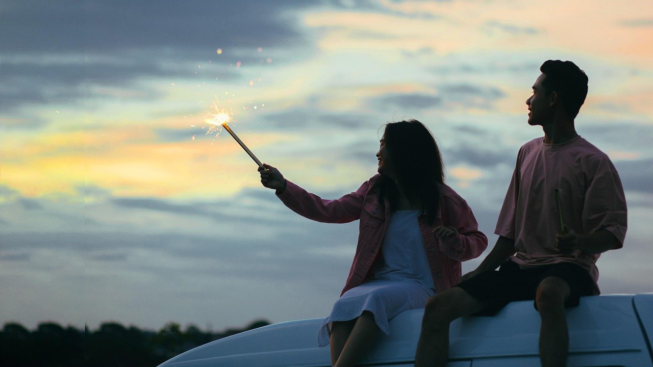 couple, nature, sundown, field, sunset, romantic date, sparklers