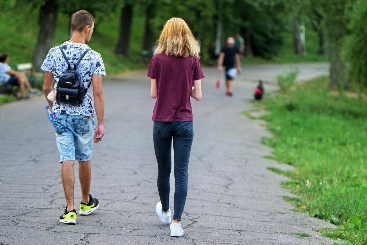 young couple, people, strolling, walking, stroll, walk, boy and girl, boy, girl, couple, park, path, lane, together, walking