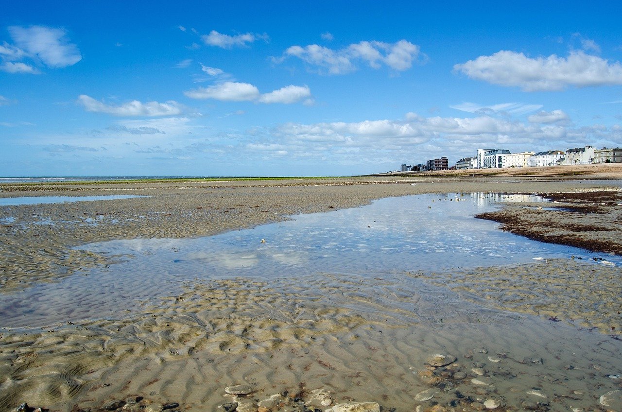 beach, sussex, worthing, ebb, sea, coast, united kingdom, uk, to travel, sand, nature, water, heaven, clouds, sussex, worthin