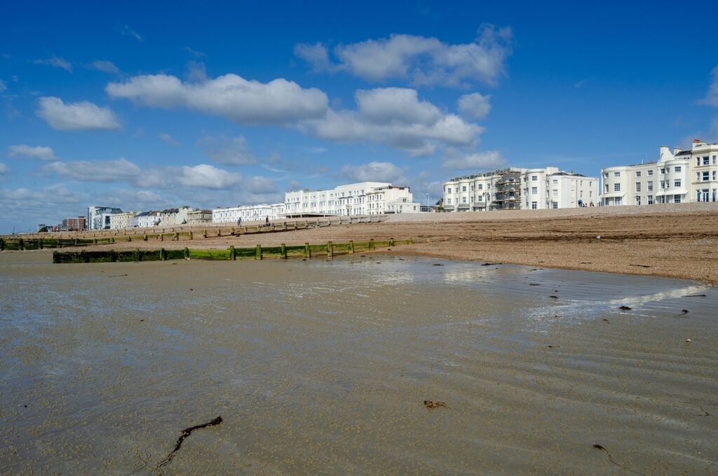 seafront, worthing, england, water, clouds, sand, to travel, sussex, beach, sea, nature, coast, houses