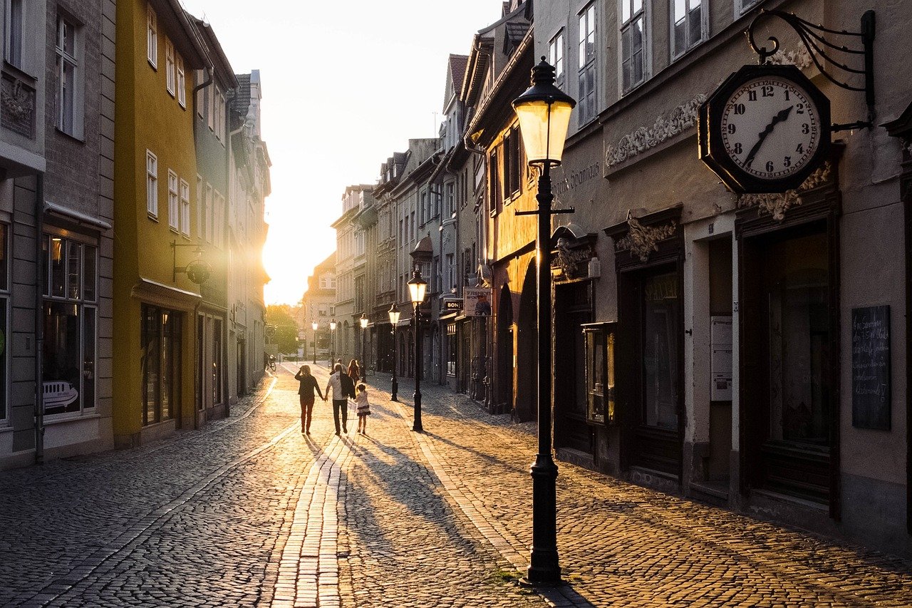 buildings, sunset, nature, town, architecture, street, people, walking, family