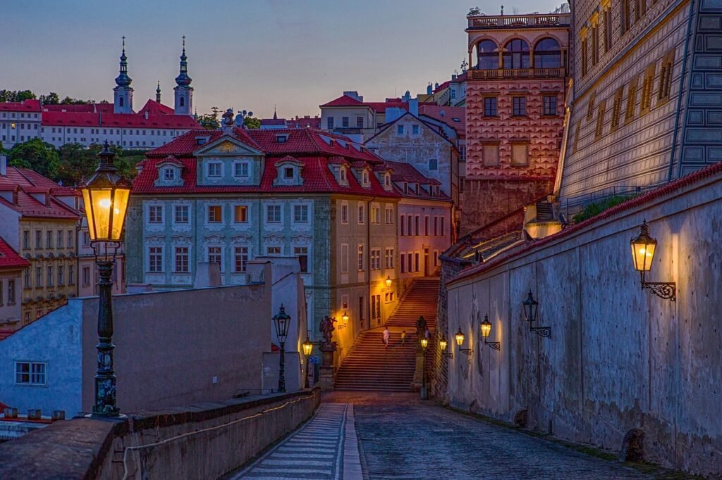 old town, buildings, street, twilight, dusk, dawn, street lights, street lamps, lights, pavement, road, stairs, old buildings