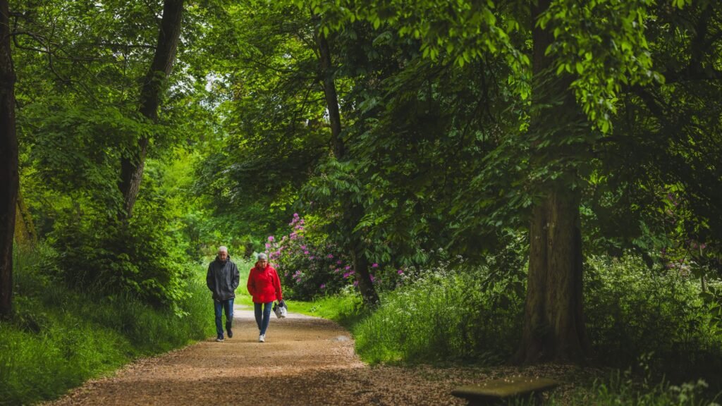 Two adults enjoying a relaxed walk during an anniversary weekend near Doncaster