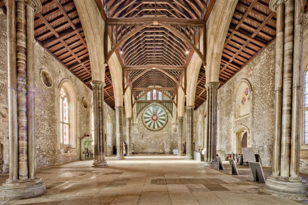 Interior view of the historic Great Hall in Winchester, featuring the iconic Round Table.
