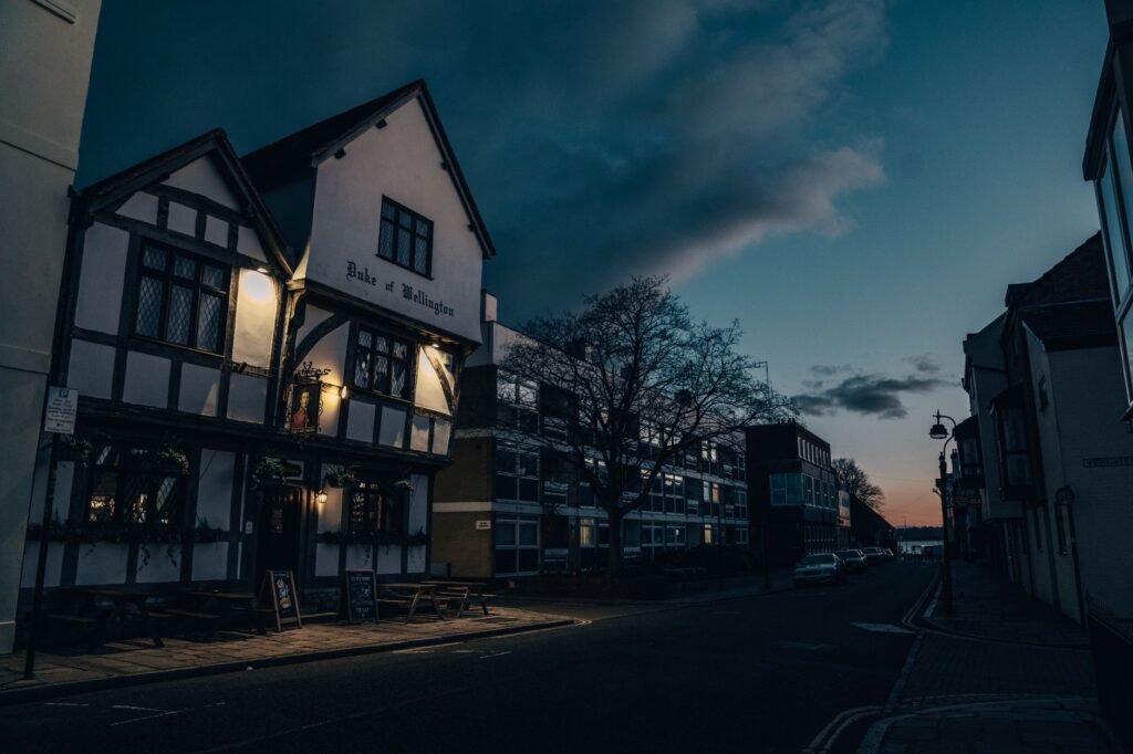 Quiet doorway and pavement in an English town
