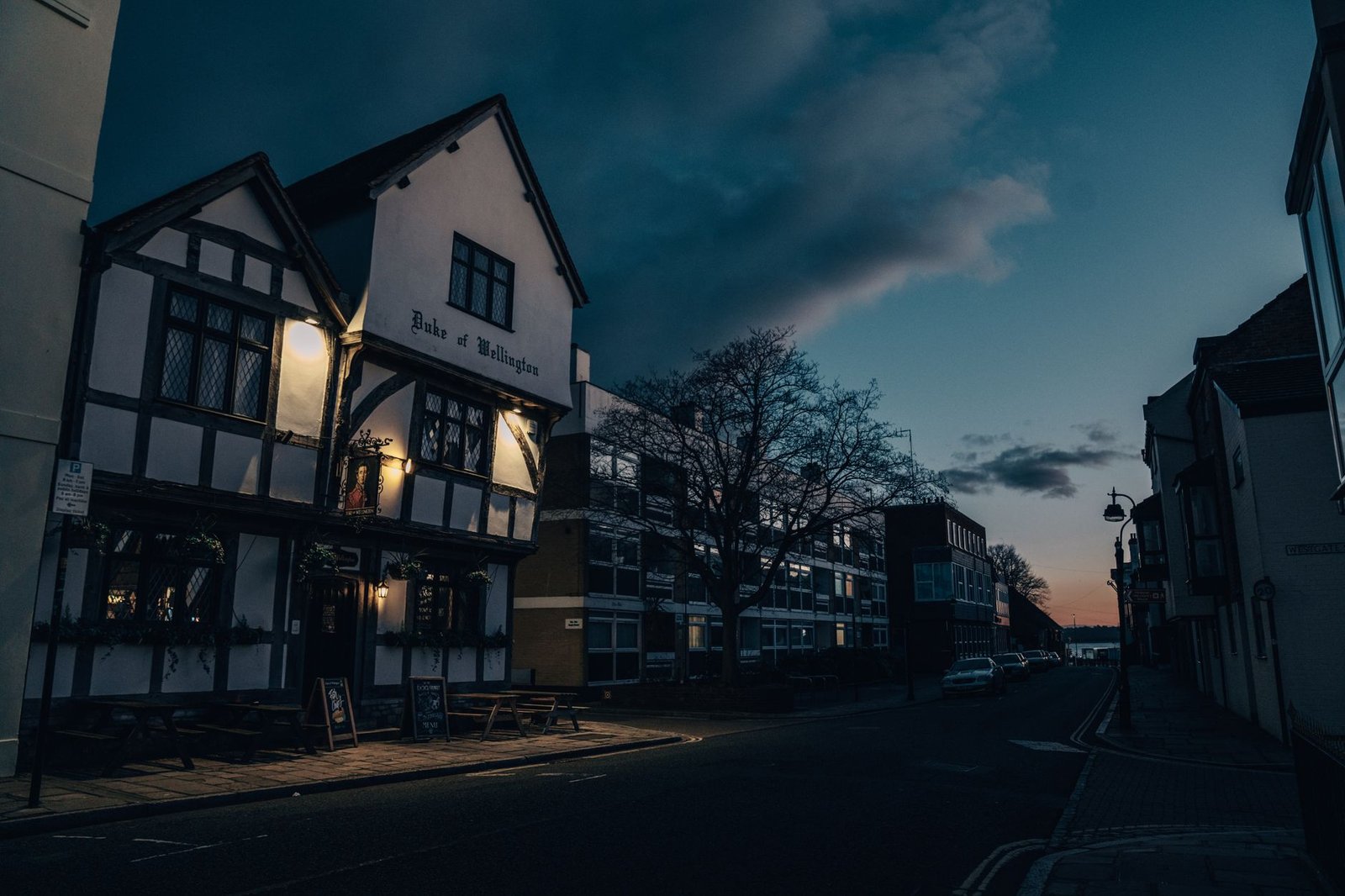 A discreet Halifax town-centre street in the early evening