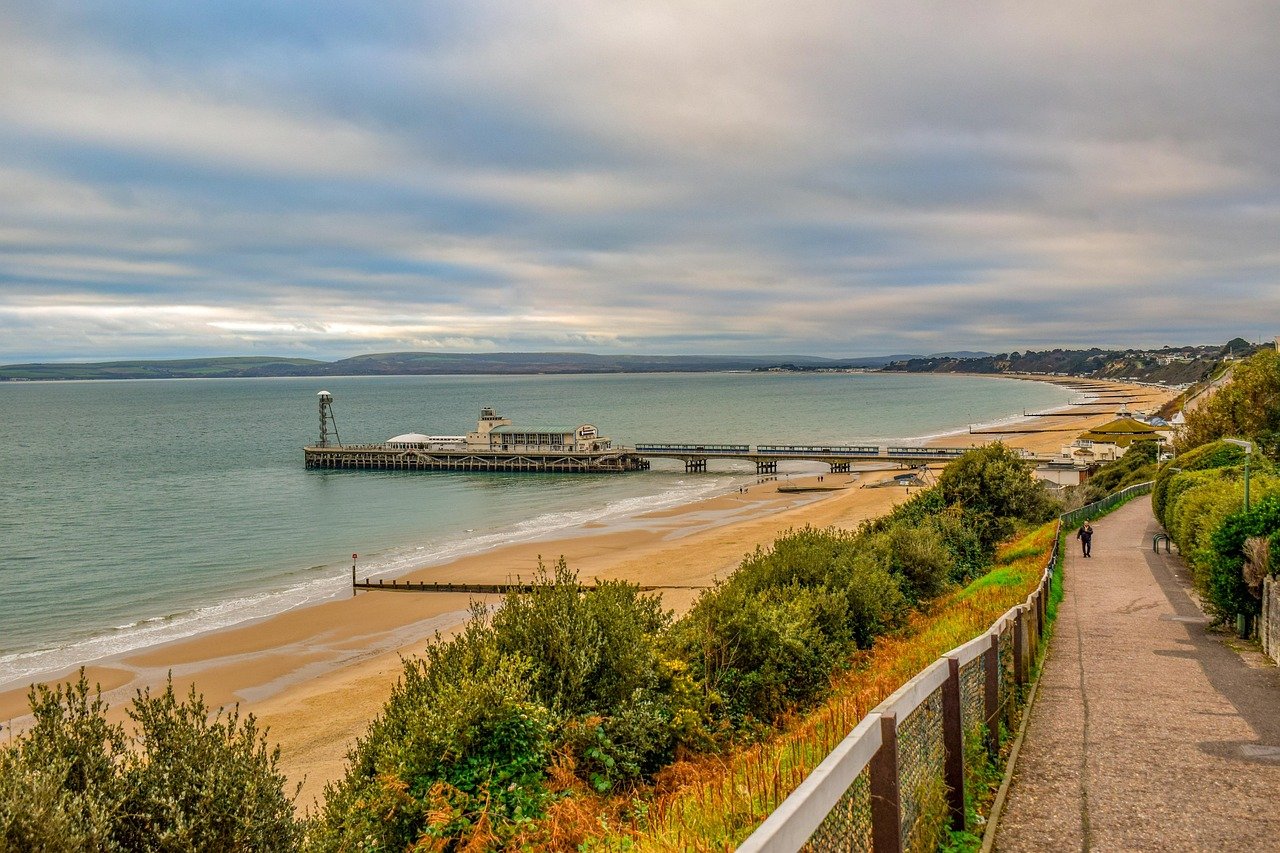 bournemouth, pier, beach, sand, travel, sky, clouds, landscape, winter, england, nature, uk, united kingdom, dorset, ocean, c