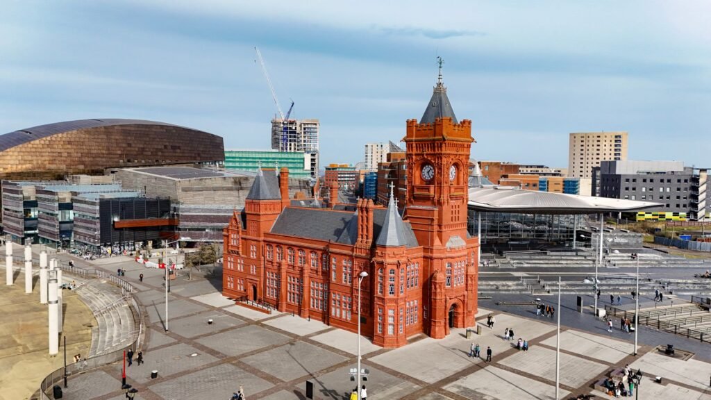 Stunning aerial view of the historic red brick Pierhead Building in Cardiff Bay, Wales, United Kingdom.