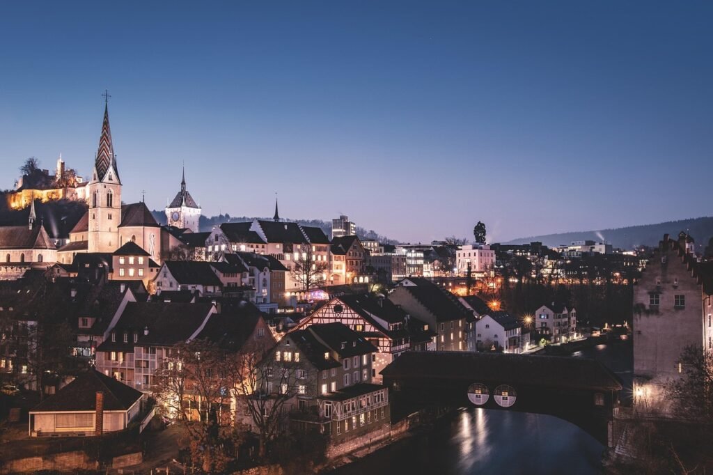 city, historic center, historic old town, dusk, city lights, switzerland, cityscape, evening atmosphere, city lighting, histo