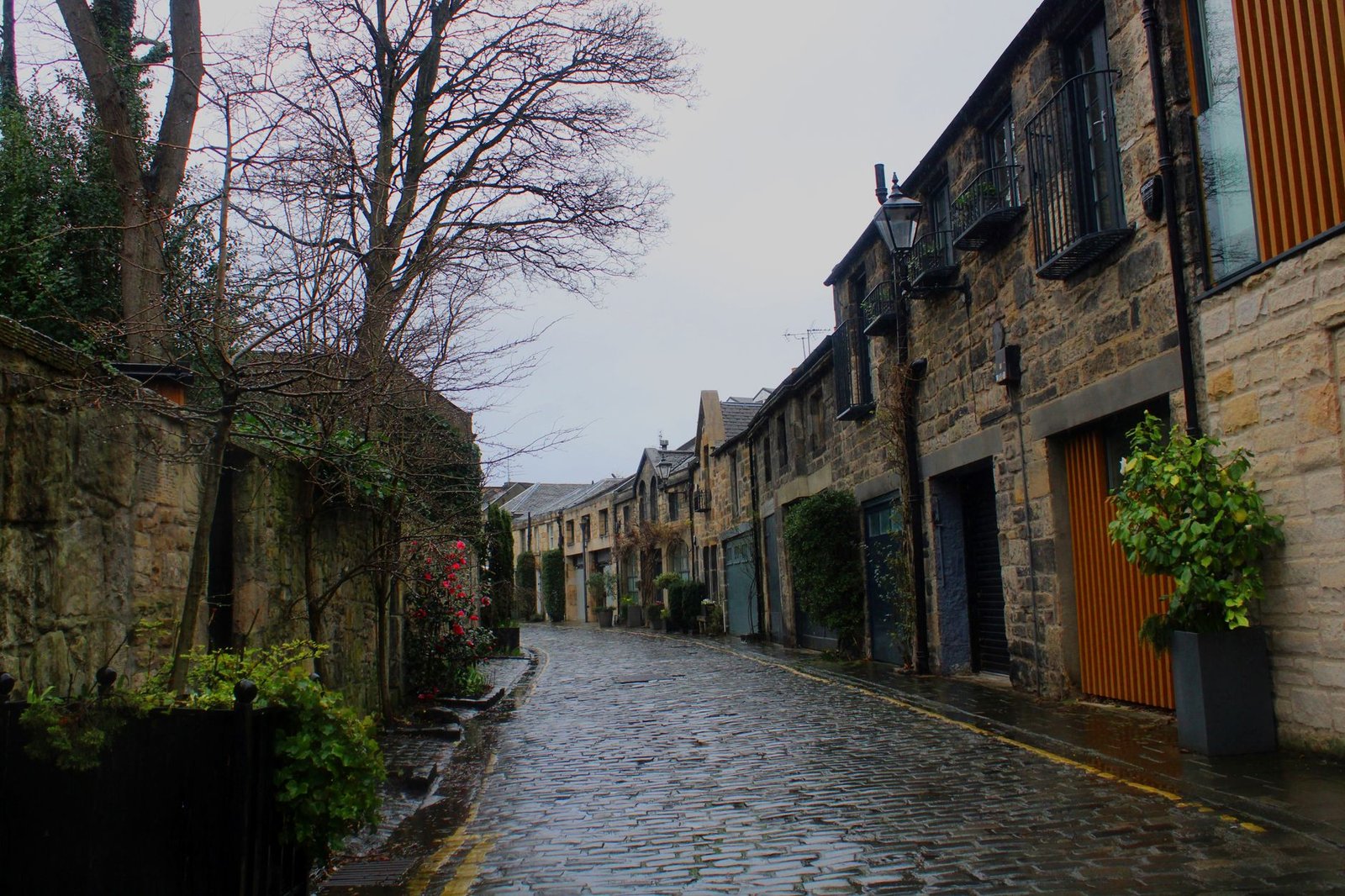 A quaint cobblestone street in Edinburgh, Scotland, showcasing historic architecture and lush greenery.