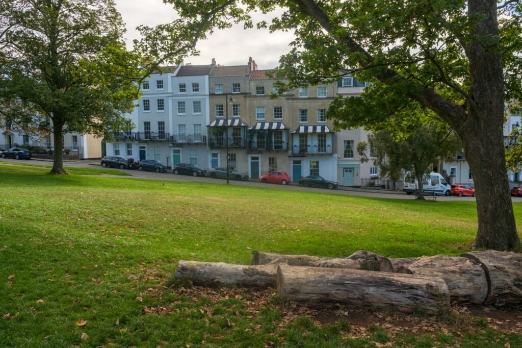 Georgian townhouses in Clifton, Bristol with a serene park setting.
