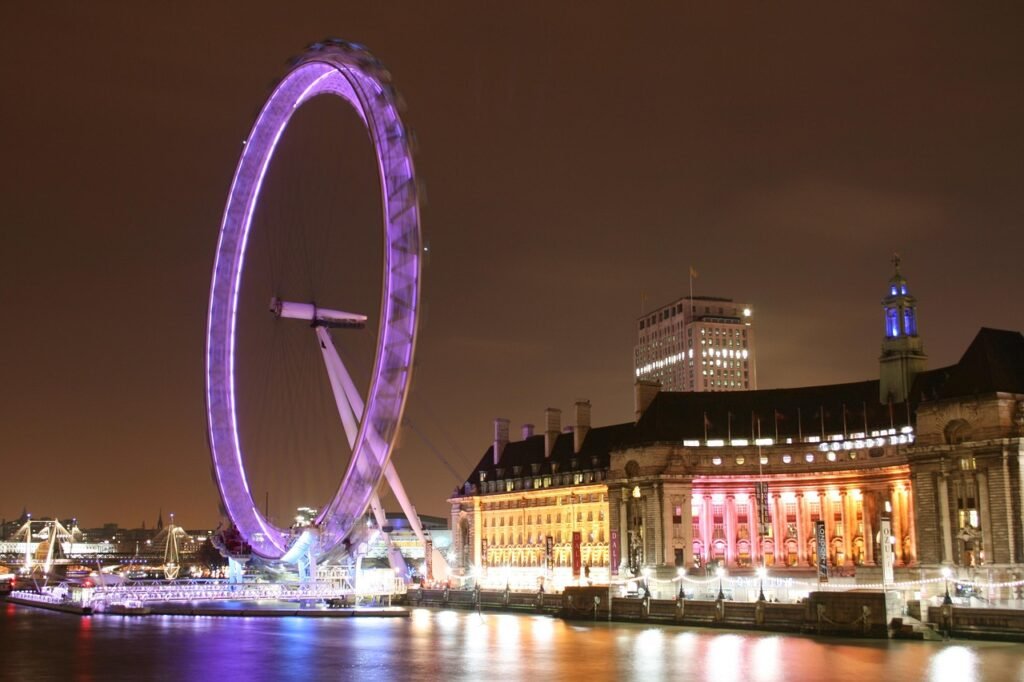 london, london eye, night, ferris wheel, england, united kingdom, city, landmark, british, lighting, london, london eye, lond