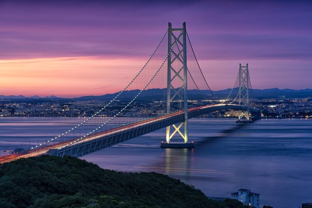 landscape, evening, the akashi-kaikyo bridge, suspension bridge, illumination, locus of light, city lights, architecture, set