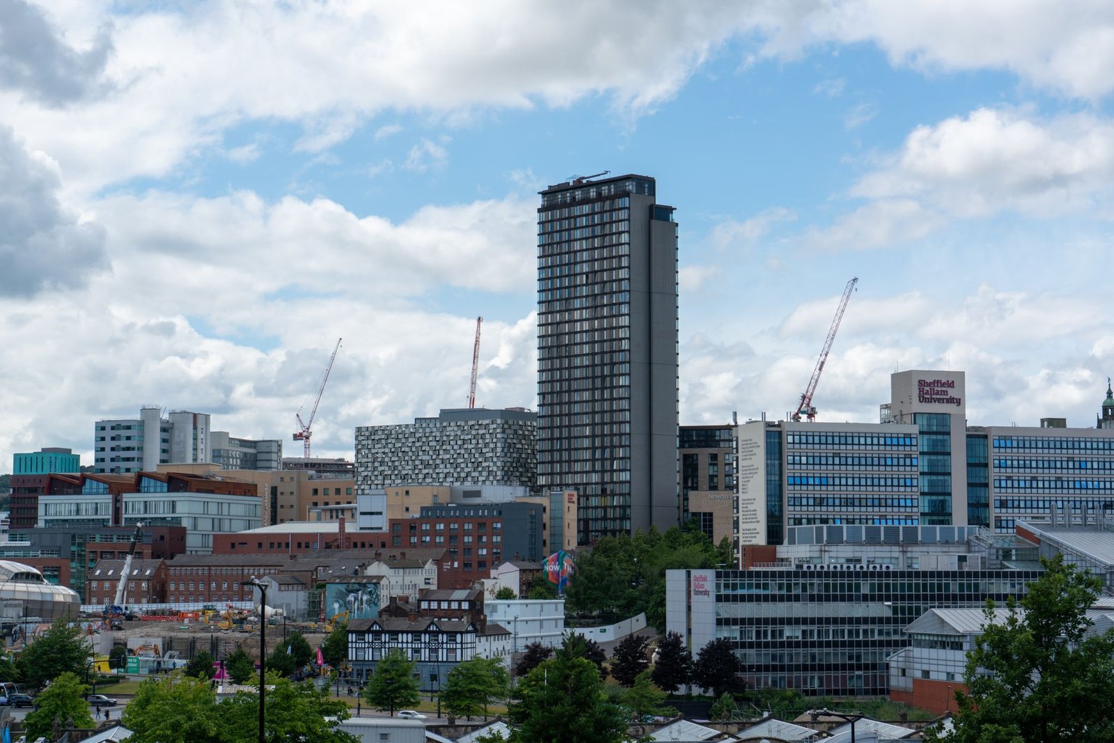 Urban skyline of Sheffield featuring modern buildings and cloudy skies under daylight.