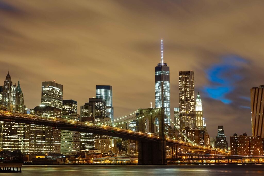 buildings, bridge, illuminated, city lights, cityscape, skyline, skyscrapers, urban, urban landscape, river, brooklyn bridge,