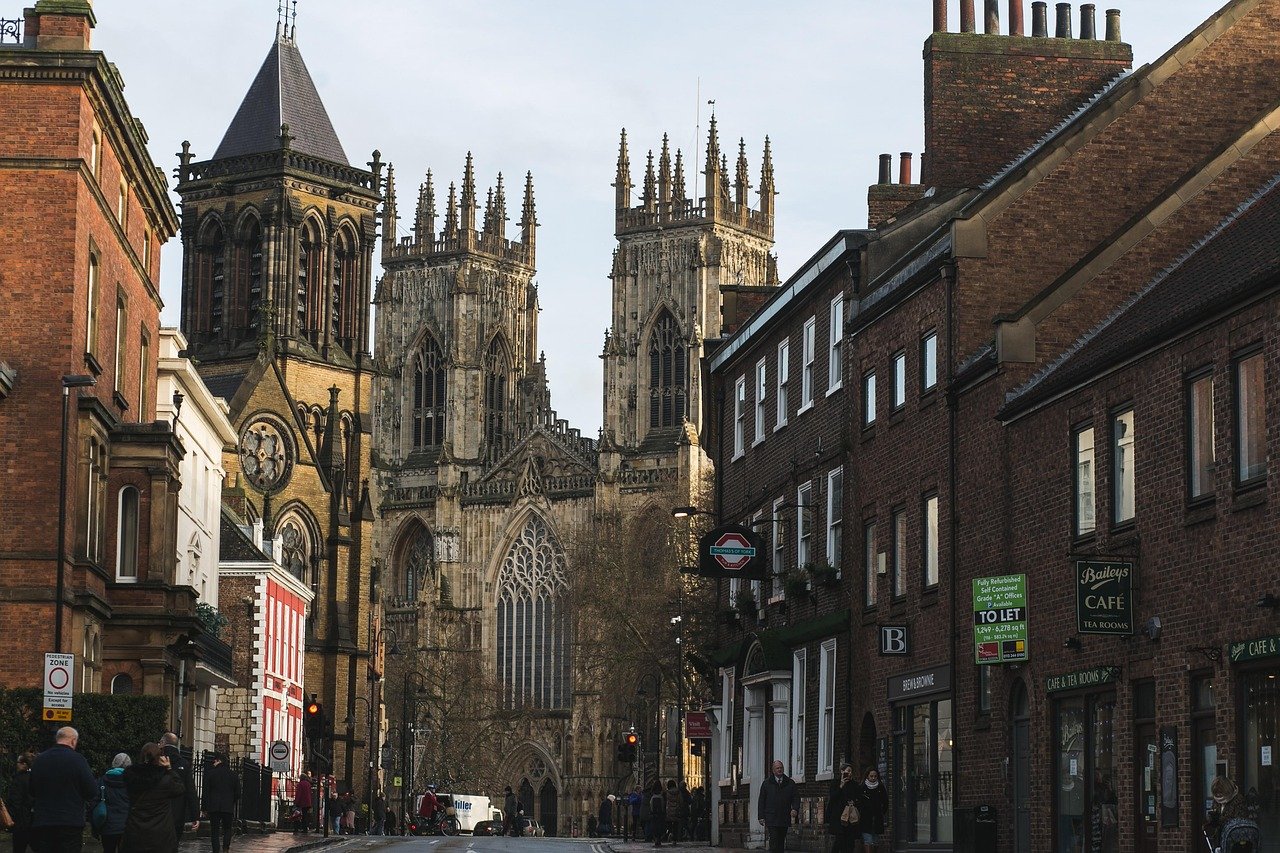 york minster, road, town, street, people, towers, cathedral, church, gothic, medieval, christianity, monument, historic, hist