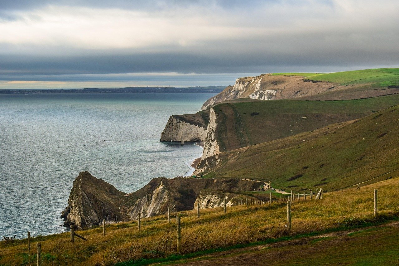jurassic coast, dorset, england, uk, nature, united kingdom, landscape, ocean, sea, lulworth cove, sky, clouds, coast, cliffs