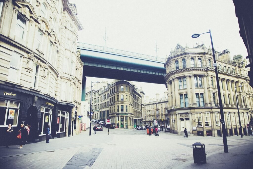newcastle upon tyne, england, uk, urban, united kingdom, architecture, road, building, bridge piers, high bridge, street body
