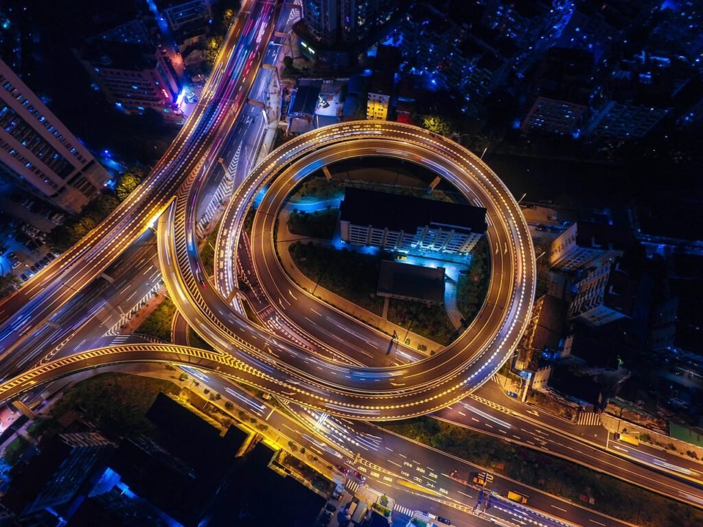 streets, night, lights, circle, highways, top view, cityscape, aerial view, urban, crossroads, freeway, traffic, city lights,
