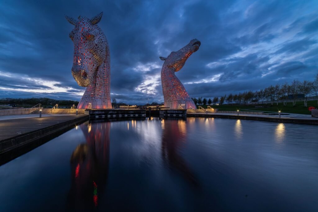 Visitor checking directions near Falkirk at dusk